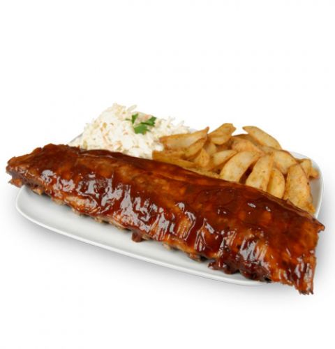 Côtes levées de dos de porc en sauce BBQ, entièrement cuites